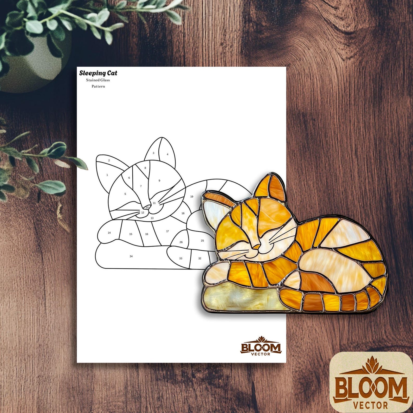 Sleeping Cat Stained Glass Pattern: DIY Home Decor (PDF & PNG Files ...