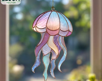 Vetrata con motivo a meduse: decorazioni fai da te per la casa (file PDF e PNG), acchiappasole, arte murale.
