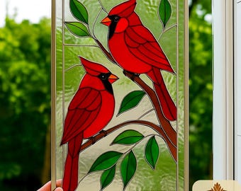 Motivo in vetro colorato con uccello cardinale: decorazioni fai da te per la casa (download PDF), acchiappasole, arte murale