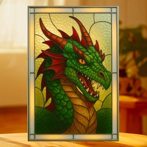 Dragon Stained Glass Pattern, Stained Glass Pattern, Diy Stained Glass Pattern, Dragon Home Decor Glass.
