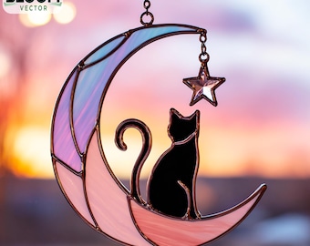 Motivo in vetro colorato con gatto sulla luna, acchiappasole con gatto sulla luna, vetro colorato con animali, arredamento per la casa, arte murale, fatto a mano.
