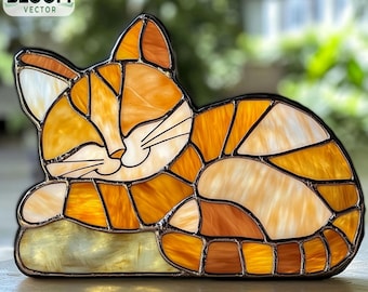 May include: A stained glass cat figurine in shades of orange, yellow, and white, with black outlines. The cat is depicted lying down with its eyes closed, and the Bloom Vector logo is in the upper left corner.