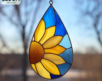 Motivo a goccia di girasole in vetro colorato, acchiappasole a forma di girasole, vetro colorato a forma di fiore, arredamento per la casa, arte murale, fatto a mano.