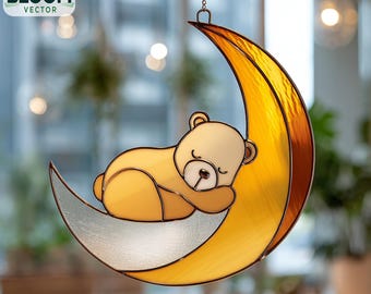 Modello per vetrata artistica "Orso sulla Luna" in formato PDF / Modello per acchiappasole a forma di orso / Design per vetrata artistica fai da te / Download immediato