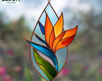 Motivo floreale con uccello del paradiso in vetro colorato: decorazione floreale fai da te per finestre (modello PDF) Acchiappasole.