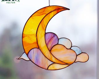 Maan en wolken glas-in-loodpatroon pdf | Halve maan Suncatcher-sjabloon | Zelfgemaakt glas-in-loodontwerp | Direct downloaden