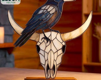 Crow On Bull Skull glas-in-loodpatroon PDF | Sjabloon kraai suncatcher | Zelfgemaakt glas-in-loodontwerp | Direct downloaden