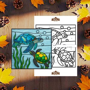 May include: A stained glass art piece featuring two sea turtles in shades of blue and green, with bubbles and aquatic plants. Next to it is a black and white paint-by-numbers sheet with the Bloom Vector logo.