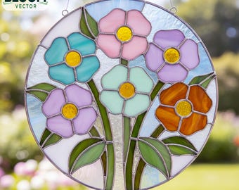 Vetrata con motivo di fiori selvatici, acchiappasole con fiori selvatici, vetrata con fiori, arredamento per la casa, arte murale, fatto a mano.