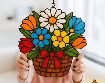 Cesto di fiori con motivo in vetro colorato: decorazioni fai da te per la casa (modello PDF), acchiappasole, arte murale