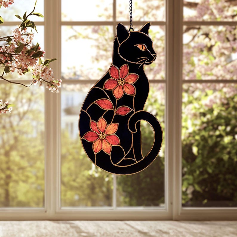 Black Cat Stained Glass Pattern: Floral Suncatcher DIY (PDF & PNG Files ...