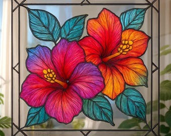 Hibiscus-glasraampatroon: doe-het-zelfdecoratie (pdf-download, A4/PNG-bestanden)