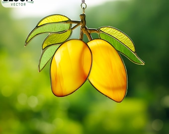 Gebrandschilderd glaspatroon mango: doe-het-zelfdecoratie (pdf-patroon, png-bestanden) Suncatcher, muurkunst