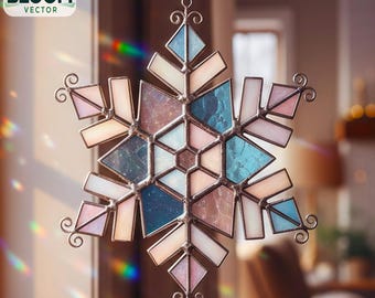Motivo a fiocco di neve in vetro colorato: decorazioni fai da te per la casa (file PDF e PNG) Acchiappasole a forma di neve, decorazione da parete.
