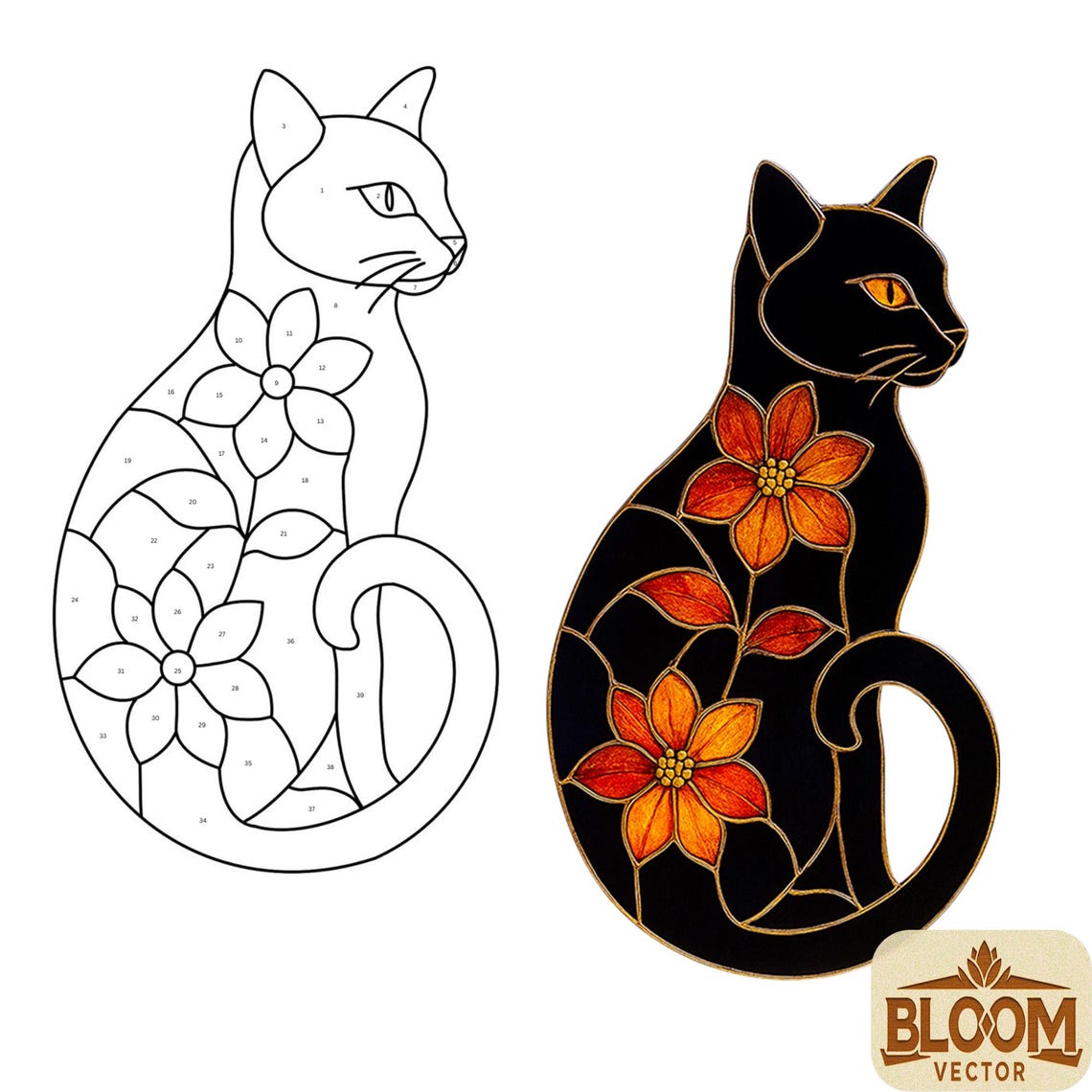 Black Cat Stained Glass Pattern: Floral Suncatcher DIY (PDF & PNG Files ...