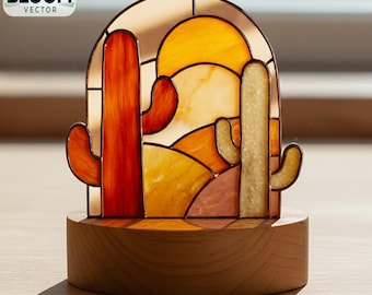 May include: Stained glass cactus scene with a warm color palette of orange, yellow, and brown. The artwork is set on a wooden base. The Bloom Vector logo is in the upper left corner.