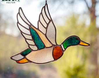 Gebrandschilderd glaspatroon wilde eendeend pdf | Mallard Duck Suncatcher-sjabloon | Zelfgemaakt glas-in-loodontwerp | Direct downloaden