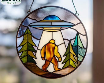 Bigfoot and UFO Stained Glass Pattern, Bigfoot Suncatcher, UFO Stained Glass, Home Decor, Wall Art, Handmade.