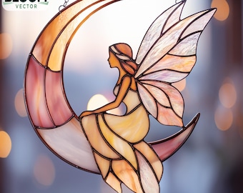 Modello PDF per vetrate con fata sulla luna / Modello per acchiappasole con fata / Design fai da te per vetrate / Download immediato