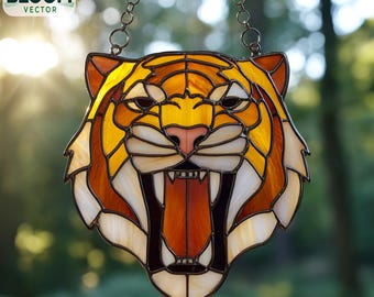 Tijger gebrandschilderd glaspatroon, tijgerkop zonnevanger, dier gebrandschilderd glas, woondecoratie, kunst aan de muur, handgemaakt.