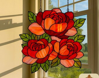 Gebrandschilderd glaspatroon roze pioenroos: doe-het-zelfdecoratie (pdf-patroon), zonnevanger, muurkunst