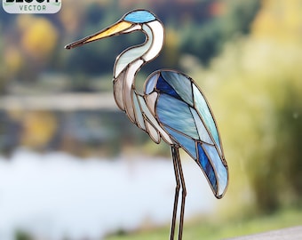 Patroon blauwe reiger glas-in-lood pdf | Sjabloon blauwe reiger Suncatcher | Zelfgemaakt glas-in-loodontwerp | Direct downloaden