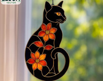 Motivo per vetrate con gatto nero: acchiappasole floreale fai da te (file PDF e PNG)