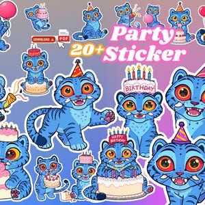 May include: A selection of over twenty blue tiger stickers with birthday themes. The stickers depict cartoon tigers with party hats, balloons, and cakes. The text "Party Sticker" is also visible.