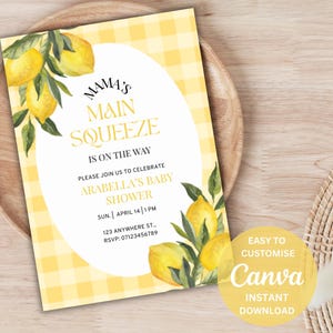 Zitrone-Babyparty-Einladung | Mamas Main Squeeze bearbeitbare Vorlage | Citrus Theme Digital Invite | Druckbare Baby Party Einladung Mädchen/Jungen