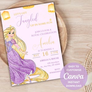 Rapunzel Birthday Invitation | Tangled Party Invite Editable Canva Template | Digital Download | Princess Birthday Girl Invite