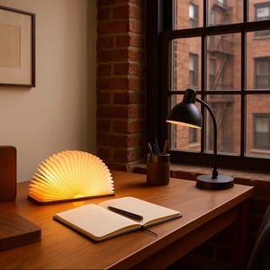May include: A wooden desk with a lit, fan-shaped lamp, a black desk lamp, and an open notebook. A framed picture hangs on the wall. A pencil holder and a wooden box are also on the desk. The background includes a window and brick wall.