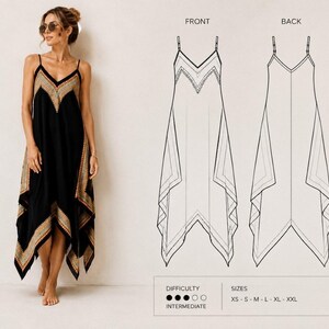 Peut inclure: Une robe longue noire avec un col en V et des bretelles spaghetti. La robe présente un motif géométrique dans les tons or et marron le long de l'encolure et de l'ourlet. L'image montre également une vue avant et arrière du modèle de la robe, avec des options de taille.