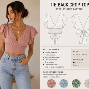 Peut inclure: Un patron de couture pour un haut court à nouer au dos avec un décolleté en V profond, des manches à volants et une taille smockée. Le patron inclut des instructions étape par étape, des tailles US 8 à 18 et des suggestions de tissus.