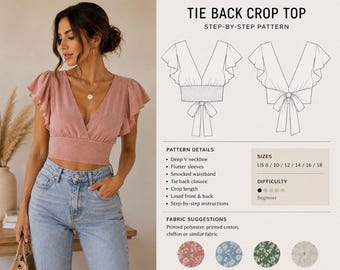Create your own elegant Tie Back Crop Top with this digital PDF sewing pattern.