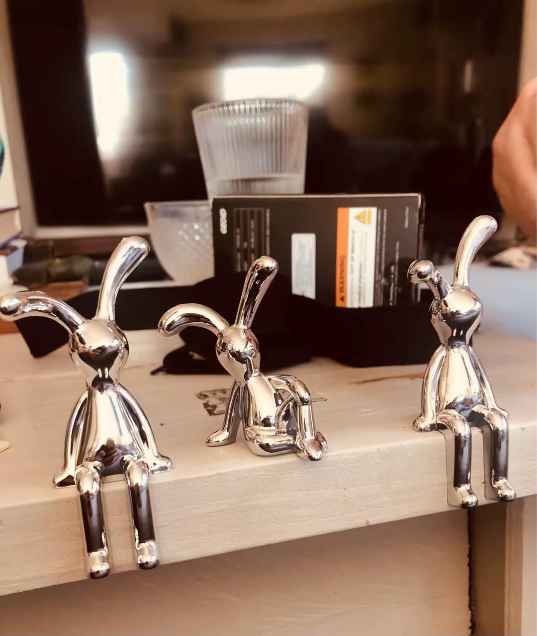 Set of 2 Chrome Bunny Figurines – Cute Silver Resin Rabbits – Sitting ...