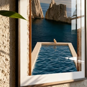 May include: A framed wall art print featuring a coastal scene with a rectangular infinity pool overlooking the deep blue sea and jagged white rock formations under a cloudy sky. A small light-colored cat sits on the edge of the pool.