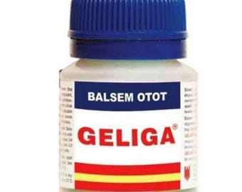 May include: A small, white jar with a blue lid, labeled "BALSEM OTOT" and "GELIGA" in red text. The label features red and yellow stripes at the bottom. The jar appears to contain a topical ointment.