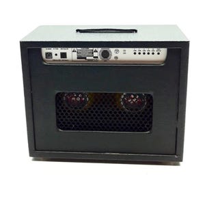 May include: Black guitar amplifier with a gray top and a black handle. The front features a black mesh grille covering two visible tubes. The back panel has various input and output jacks, along with a series of control knobs.