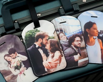 Étiquettes à bagage en cuir personnalisées, étiquette de bagage avec photo pour homme femme, étiquette de sac à dos amusante, identification de sac, cadeaux de mariage, cadeau de voyage, autocollants de bagage