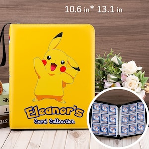 May include: Yellow card binder featuring a Pikachu graphic and the text "Eleanor's Card Collection." The binder measures 10.6 x 13.1 inches and has a black handle. Inside, the binder contains card slots for storing trading cards.