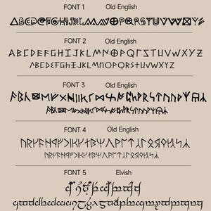 Puede incluir: Un fondo beige muestra cinco fuentes diferentes. Las primeras cuatro est&aacute;n etiquetadas como "Old English" y la quinta como "Elvish". Cada fuente muestra el alfabeto en un estilo &uacute;nico, en negro.