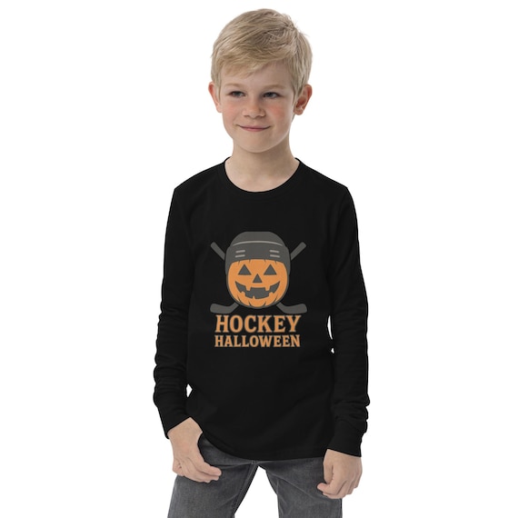 Youth Hockey Halloween Long Sleeve Shirt: Jack-o'-lantern Helmet