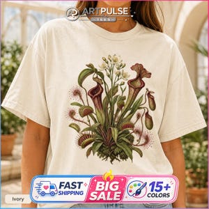 食虫植物シャツ、ヴィンテージ植物ハエトリソウTシャツ、エキゾチックな植物好きへのギフト、植物園スウェットシャツ、自然庭園アートトップス
