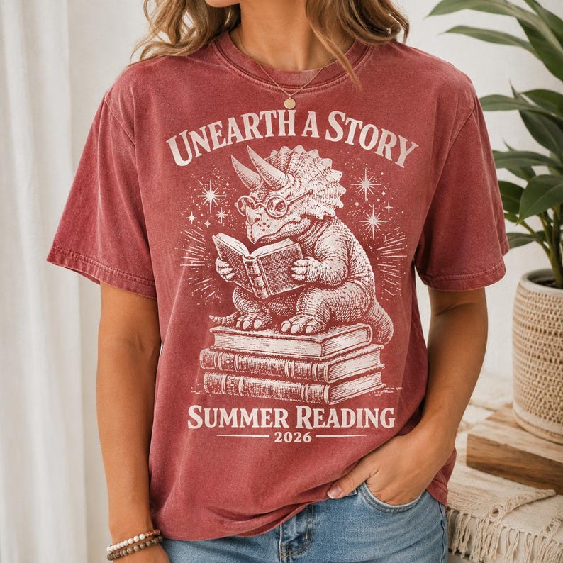 Comfort Colors Summer Reading 2026 Shirt Unearth The Story Dinosaur Book Lover Teacher Librarian Student Back to School Retro Reading Gift image 2