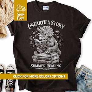 Funny Unearth The Story Summer Reading 2026 Shirt Retro Triceratops Book Lover Tee Dinosaur Library Program Kids Librarian Gift For Teacher