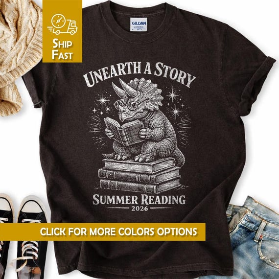 Funny Unearth The Story Summer Reading 2026 Shirt Retro Triceratops Book Lover Tee Dinosaur Library Program Kids Librarian Gift For Teacher