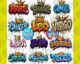 Pack Zodiac png Files Funny Graffiti horoskop Clipart Airbrush Horoscope Sublimation Dtg Designs Pack of Astrology Signs Queen Graphics