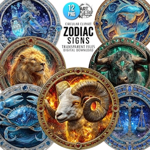 12 signes du zodiaque éthérés PNG Clipart : Astrologie céleste, dessins arrondis, sublimation png horoskop (téléchargement numérique)