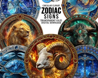 12 Ethereal Zodiac Signs PNG Clipart : Celestial Astrology Rounded Designs, horoskop png sublimation (Digital Download)