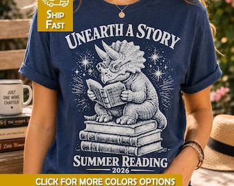 Funny Unearth The Story Summer Reading 2026 Shirt Retro Triceratops Book Lover Tee Dinosaur Library Program Kids Librarian Gift For Teacher
